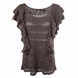 Knitted & Knotted Mauve Linen Cotton Metallic Open Knit Ruffle Sleeve Top Boho